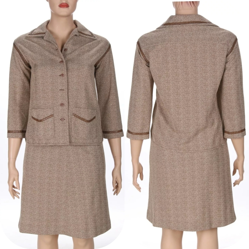 Herman Marcus Vintage Brown Herringbone Blazer & Skirt Suit Set sz 16